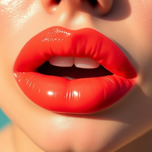 Vibrant coral lips with a glossy finish, showcasing a plump and voluminous appearance, featuring subtle ombre effects and a hint of shimmer, perfect for a summer beach look