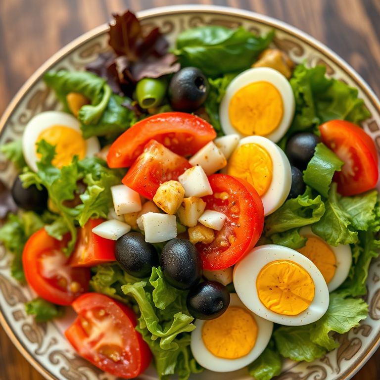 a vibrant salad with mixed greens, sliced tomatoes, cucumbers, olives, and boiled eggs, beautifully arranged on a decorative plate, soft natural lighting, focus on food details, 50mm lens, f/2.8 aperture, ISO 200, overhead view, DSLR camera