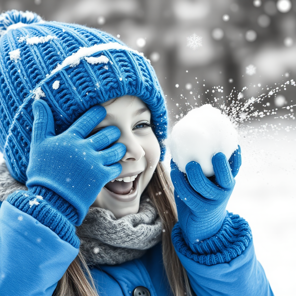 A hyperdetailed photorealistic macro image black and white pencil sketch of a young girl getting hit by a snowball during a snowball fight. She is wearing a brilliant sapphire blue wool beanie and bright blue mittens. She is trying to block the snowball by putting her hands up. The snowball hits her beanie and disintegrates into myriad tiny snowflakes caught with high speed photography. The girl is laughing and having a wonderful time.