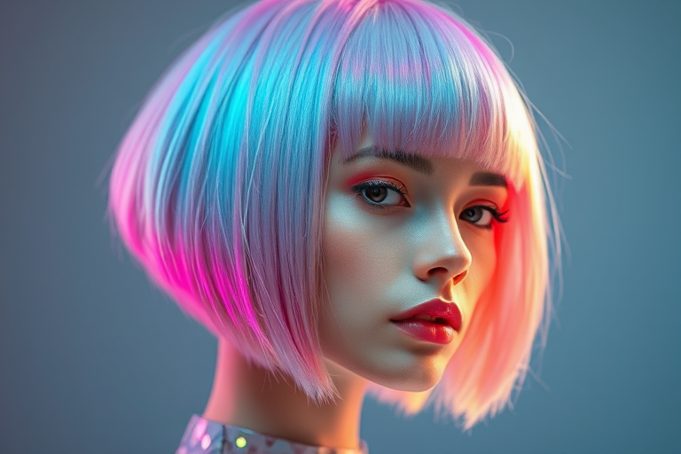 Futuristic hair style revealing holographic pastel hues blended seamlessly on a sharp angled bob with blunt bangs