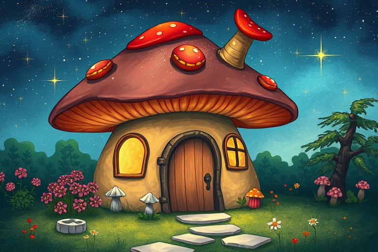 this picture is illustration of a mushroom house with a door and a window, a storybook , fantasy art, mushroom house, bg starry sky, sparkles
