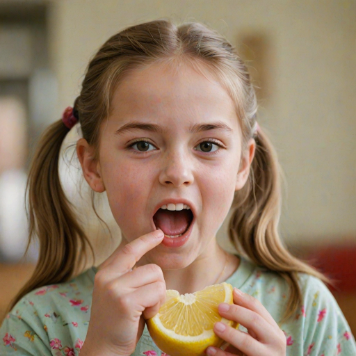 A candid photograph of a young girl biting into a slice of lemon. Her face is scrunched up from the sour taste, capturing a moment of surprise and playfulness. She has light brown hair, tied back in a ponytail, and wears a casual, colorful top. The background is softly blurred, keeping focus on her expression and the lemon slice. Natural lighting illuminates her face, highlighting her reaction with a soft, warm tone. The image has a bright and cheerful atmosphere, with a high contrast. The photo was captured with a 50mm lens and shot on Kodak Portra 160 film.