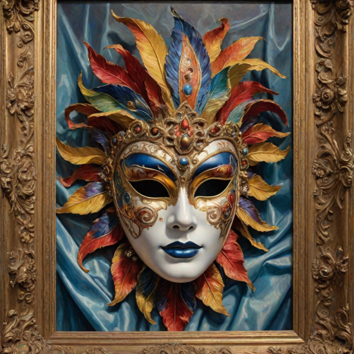 Venice mask,carnival,intricate colors,Artme,romanticism art,Paul Gauguin,Cyberpop,short lighting,F/1.8,extremely beautiful,oil painting of. Hyper-realistic, highly detailed, 4K, HDR, very close frame
