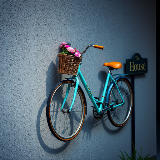 Capture a vibrant scene of a turquoise bicycle hanging against a textured gray wall, with a small basket of flowers, illuminated by soft natural light, using a DSLR camera, 50mm lens at f/2.8, ISO 100, with a slight vignette effect to enhance focus on the bicycle and the decorative house sign nearby.