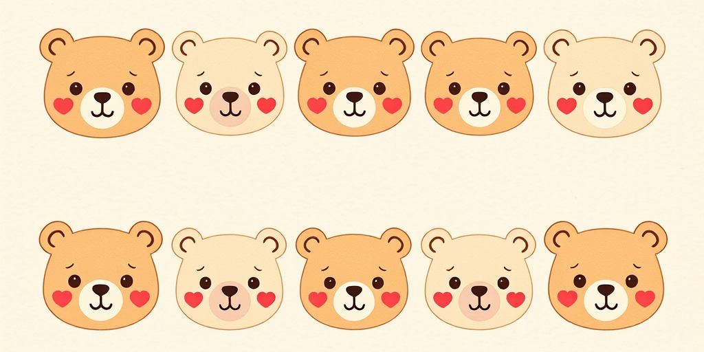 Create a grid of nine cute bear faces with different expressions including happy, sad, surprised, and playful. Use simple line art with a playful and colorful style, soft pastel colors, and a textured background that resembles handmade paper. Each bear should have distinctive features like hearts, tears, or sweat drops to convey various emotions.