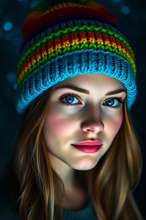 portrait of a young woman wearing a glowing rainbow beanie, vibrant blue eyes, ethereal galaxy background, soft-focus effect, taken with a Canon EOS R5, 85mm lens, f/1.8 aperture, ISO 100, natural light settings