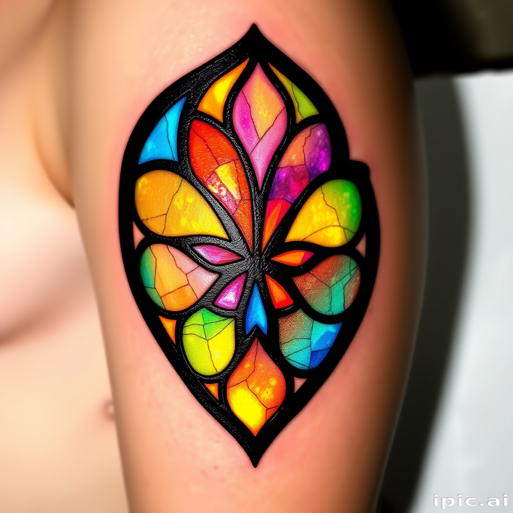 Stained glass tattoo titled "Luminous Fragments" featuring bold black outlines filled with vibrant translucent colors mimicking the look of stained glass windows with intricate details and a play of light and shadow