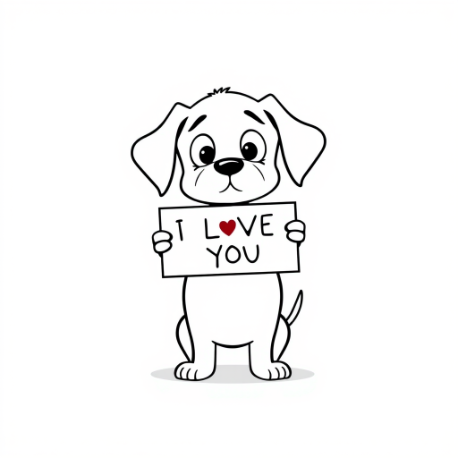 A minimalist cartoon of a PUPPY standing on a blank white background, holding a sign that simply says, 'I LOVE YOU.' The puppy is drawn with just a few lines: big eyes, whiskers, floppy ears, and a straight tail, giving it a comically desperate expression.