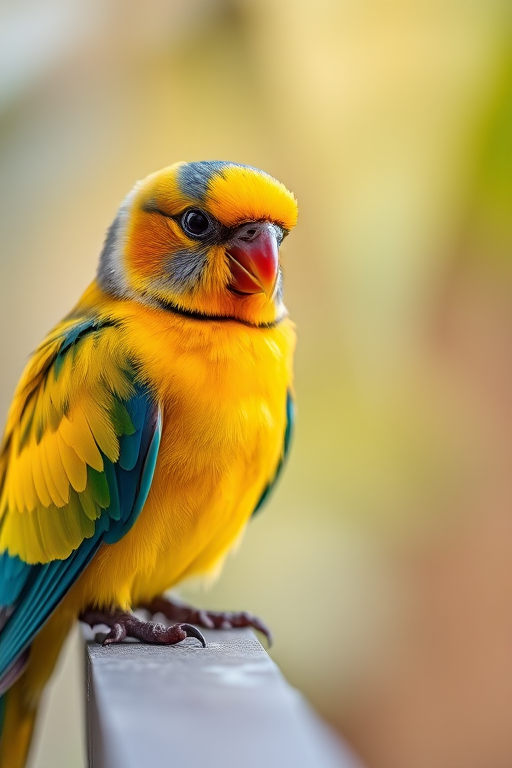 capture a close-up of a colorful bird with vibrant yellow and blue feathers perched on a ledge, shallow depth of field, soft bokeh background, natural lighting, DSLR camera settings: f/2.8 aperture, ISO 200, shutter speed 1/500s, focal length 100mm, focus on the bird's details.