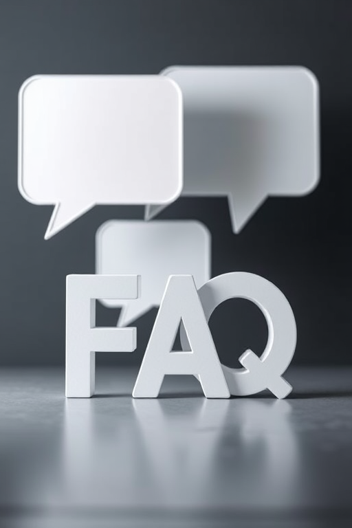 Create a 3D FAQ logo with three empty speech bubbles in the background, soft lighting, ISO 100, aperture f/8, shutter speed 1/60s, shot from a low angle with a wide-angle lens, digital camera style for enhanced clarity and depth.