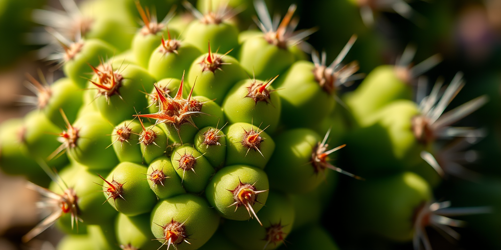 Close-up of a vibrant green cactus cluster with intricate details and spines, natural sunlight, shallow depth of field, ISO 100, f/2.8, 50mm lens, DSLR camera.