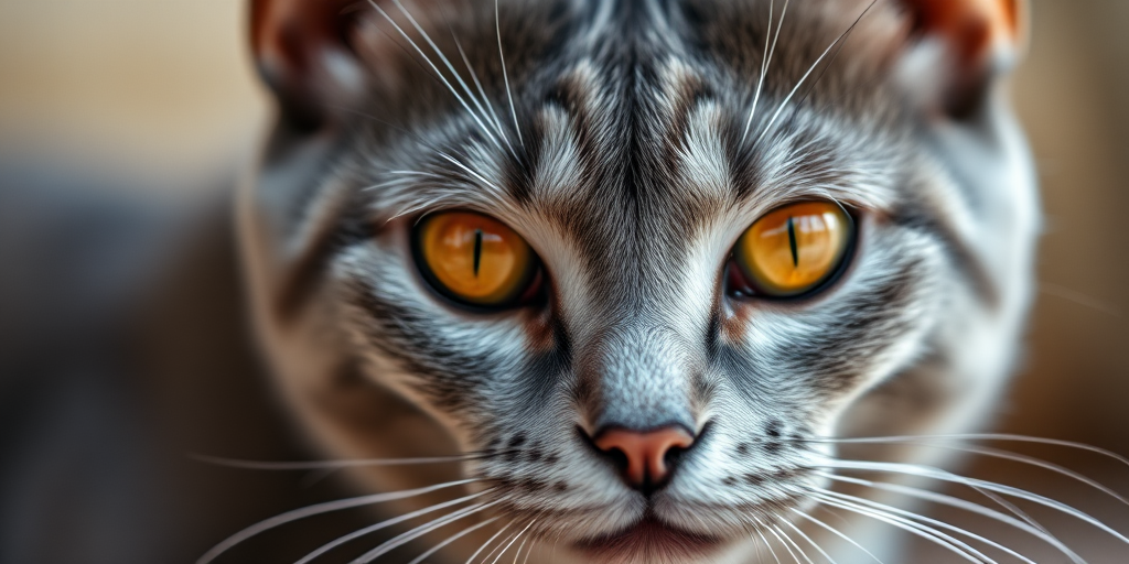 Capture a close-up portrait of a blue-gray cat with striking orange eyes, using a Canon EOS 5D Mark IV, 85mm lens, aperture f/1.8, ISO 200, natural light, shallow depth of field, focused composition.