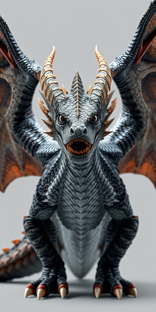 Create a hyper-realistic 3D rendering of a formidable dragon with detailed scales and magnificent wings, captured in high dynamic range at f/8, ISO 100, 1/250s shutter speed, using a Canon EOS R5 with a 24-70mm lens, frontal view against a transparent background to enhance image quality.