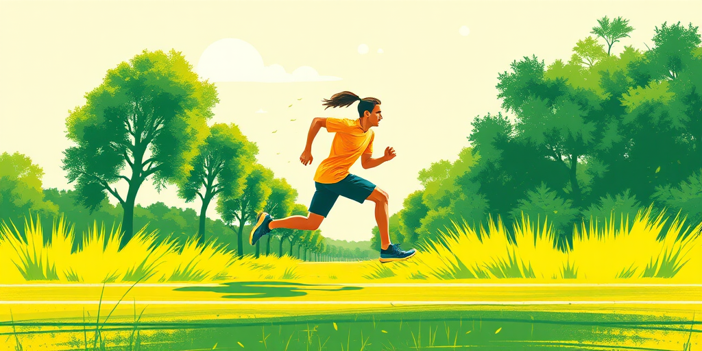 create a vibrant vector-style illustration of a person running with a green and yellow color palette, utilizing a 50mm lens, f/2.8 aperture, ISO 100, shooting in natural light, with a focus on dynamic movement and depth.