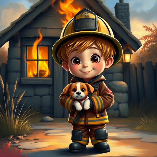 airbrushed oil painting, pixar style, cute little boy in fireman gear, helmet, tousled hair, expressive eyes, standing in the doorstep of a cottage burning behind him, holding a cute little dog in his arm, atumn sky
