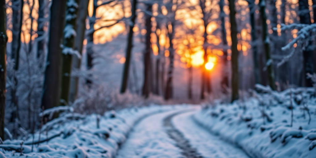 snowy forest path at sunset with warm orange and purple hues, soft focus, Canon EOS R5, 24mm lens, f/8 aperture, ISO 200, low angle view, natural lighting, HDR photography