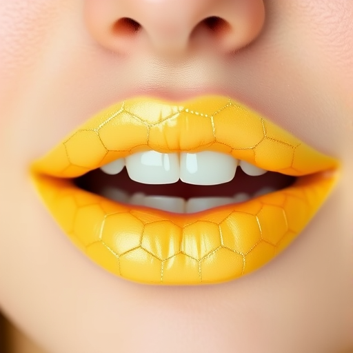 Pastel yellow lips with honeycomb patterns in gold, christened "Sunshine Nectar," create a cheerful and unique look with a creamy finish for springtime brunches and picnics