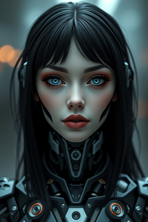cgi render front view portrait of a black haired goth robot woman in a utopian world