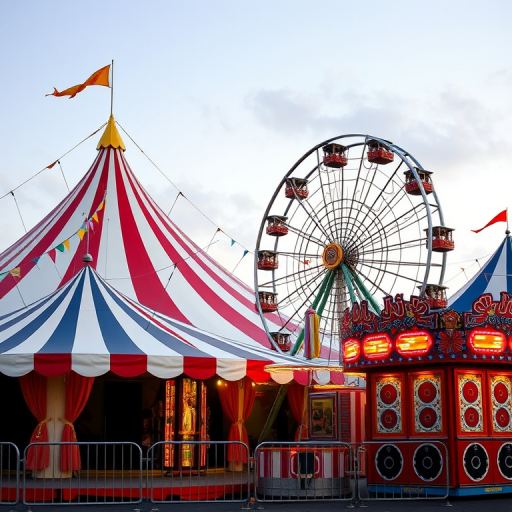 Create a vibrant carnival scene featuring a striped big top tent, a colorful amusement ride with flags, a Ferris wheel with illuminated boxes, and a game booth with targets, shot with a DSLR camera at f/2.8, ISO 100, and a wide-angle lens to capture the entire scene with high detail and vivid colors.