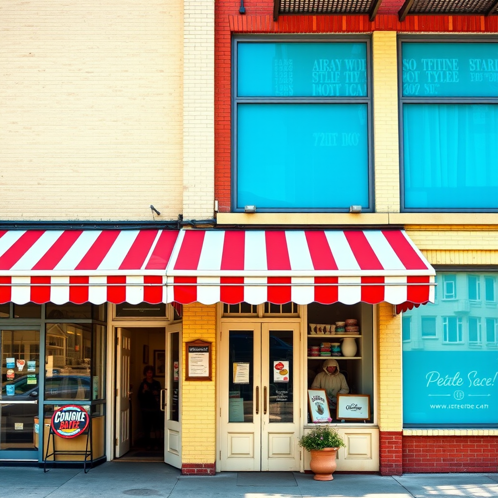 regenerate a colorful storefront with a red and white striped awning and large blue windows using a DSLR camera with a 50mm lens, f/2.8 aperture, ISO 100, and natural lighting, capturing a frontal view in high resolution for sharp details and vibrant colors