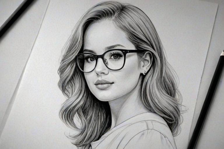 Attractive Debby Ryan, pencil sketch, portrait of Sublime woman 1937s in glasses, hair style beatnik, outline, clear lines, fine lines, 8k