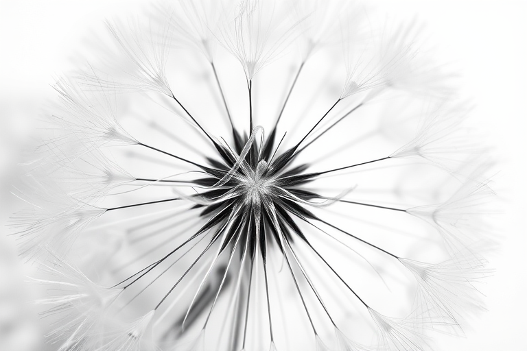 high contrast black and white photograph of dandelion seeds on a white background, macro lens, aperture f/8, ISO 100, DSLR camera, top-down view, natural lighting