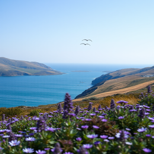generate a serene coastal landscape featuring rolling hills, a calm blue ocean, and purple flowers in the foreground under a clear sky with three birds in the distance using a DSLR camera at f/8 aperture, ISO 100, 24mm focal length, and a wide-angle lens for enhanced depth of field and clarity.
