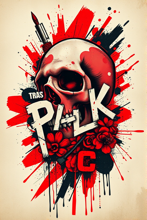 Edgy trash polka tattoo combining abstract brushstrokes, bold typography, and photorealistic elements, chaotic composition with striking red and black color palette, raw and expressive artistic style