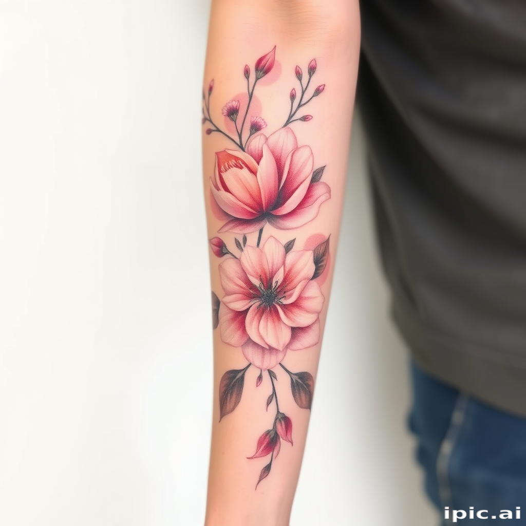 Elegant floral sleeve tattoo with delicate cherry blossoms and peonies in soft pastel hues of pink lavender and peach accented by flowing brushstrokes and subtle shading techniques