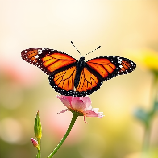 Generate an image of a butterfly resting on a flower stem in a softly blurred background. The butterfly should have vibrant orange and black wings, and the setting should be serene with hints of greenery and light.
