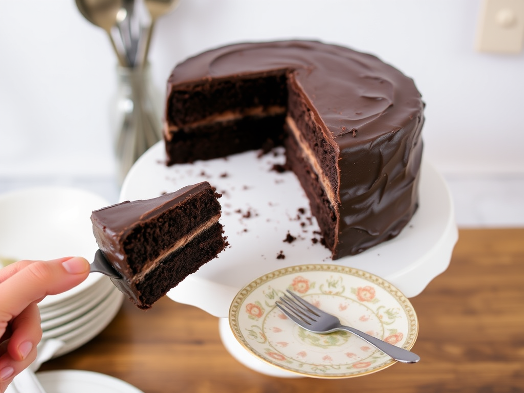 A delicious chocolate cake on a white pedestal with a slice removed, revealing rich layers, a hand holding a fork ready to take a bite, the slice on a decorative plate with intricate patterns, a soft background with kitchen utensils.