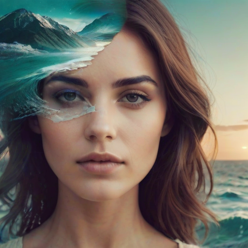 create Book cover, A surreal double exposure portrait that blends a woman's face with a beautiful seascape. The overall mood is dreamy and mystical, with rich colors and intricate details