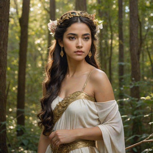 Create a portrait of a goddess-like Hispanic girl figure in a tranquil, forested environment. She has an elegant appearance with long, wavy hair styled in an updo and adorned with a delicate, floral headband. She wears a flowing, ancient Greek-inspired gown in a soft, pale color, featuring a one-shoulder design and draped fabric that accentuates her graceful form. The outfit includes a decorative belt with ornate gold detailing, and she holds a bow in her hand, with a quiver of arrows slung over her shoulder. The background depicts lush greenery, with sunlight filtering through the trees, casting a gentle, ethereal light on the scene. Her expression is calm and contemplative, embodying a sense of wisdom and serenity.