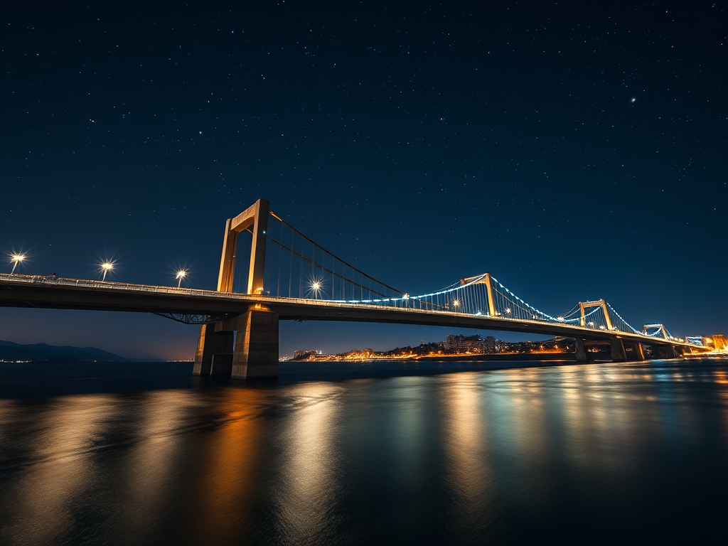 Stunning Night View of a Bridge Illuminated Under a Starry Sky