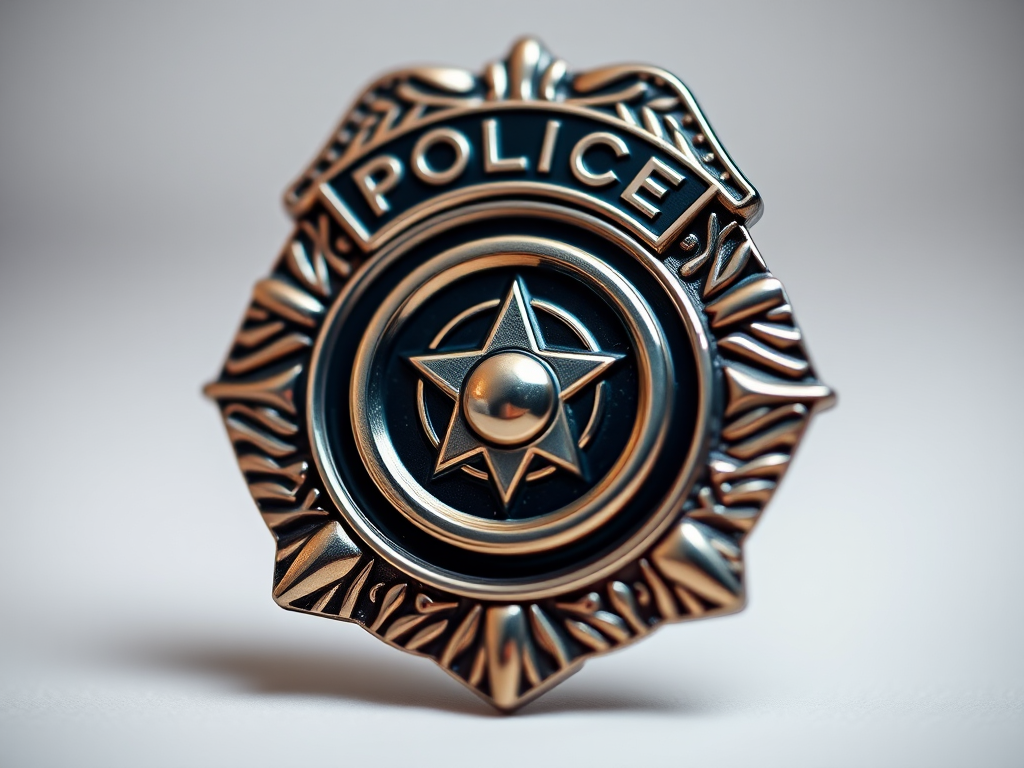 Generate a high-resolution image of a stylized police badge, using a DSLR camera with a 50mm lens, aperture set to f/2.8 for a shallow depth of field, ISO 100, and a soft focus background to enhance the badge's detail and shine.