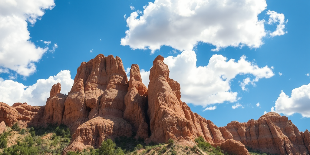 capture a stunning limestone rock formation under a clear blue sky with fluffy white clouds, using a DSLR camera with a 24mm lens, f/8 aperture, ISO 100, and a shutter speed of 1/250s, in landscape orientation to enhance depth and texture in the image
