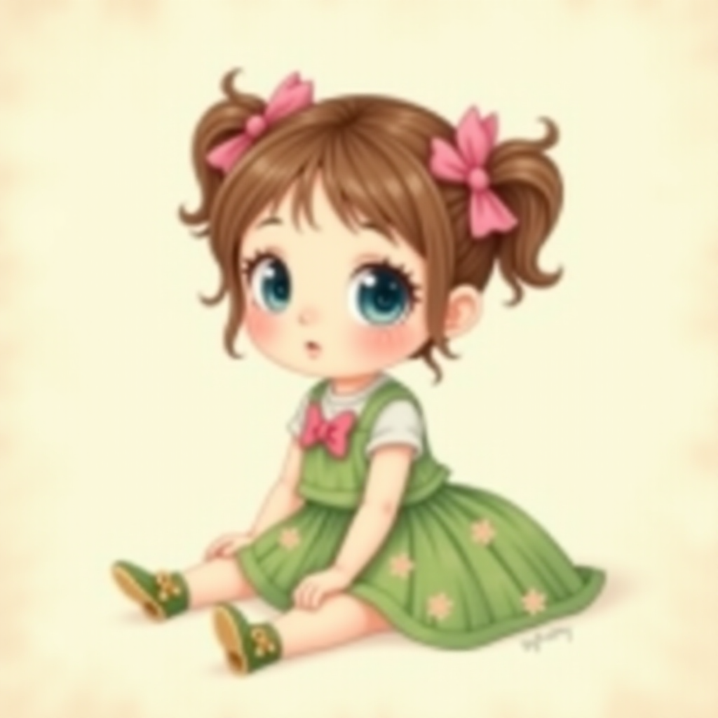 digital illustration of a kid girl with brown hair and blue eyes, sitting on the floor with her legs crossed and her hands resting on her knees. she is wearing a green floral dress with a pink bow on the front and a pair of green shoes with gold ribbon. She has a pink bows on her head. The background is a light beige color with a subtle texture. whimsical and dreamy.The color scheme is soft and muted pastel.
