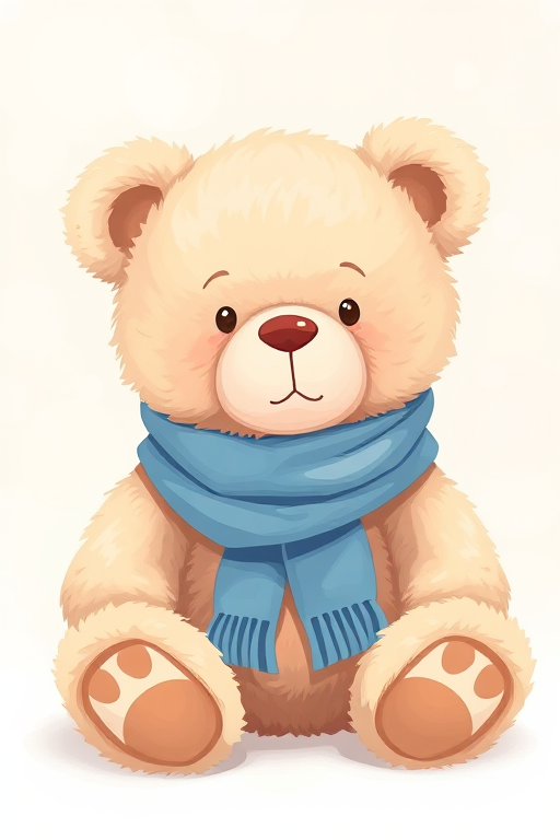 Regenerate an illustration of a cute, fluffy teddy bear sitting down wearing a blue scarf, with soft pastel colors and a slightly shiny finish, taken with a DSLR camera at f/2.8 aperture, 50mm lens, natural lighting, and a shallow depth of field for a dreamy background effect.