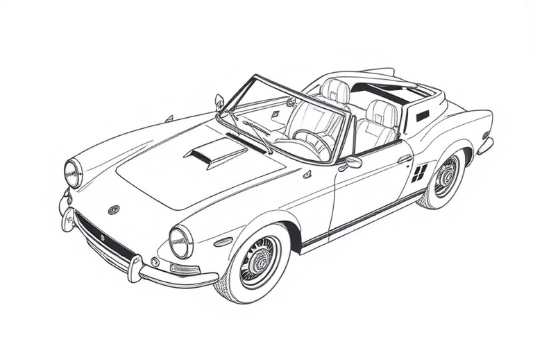 Generate a high-resolution illustration of a vintage sports car, capturing a dynamic three-quarter view from above, using a DSLR camera set to f/11, ISO 100, and a shutter speed of 1/250 sec, styled in a clean line art design with intricate details.