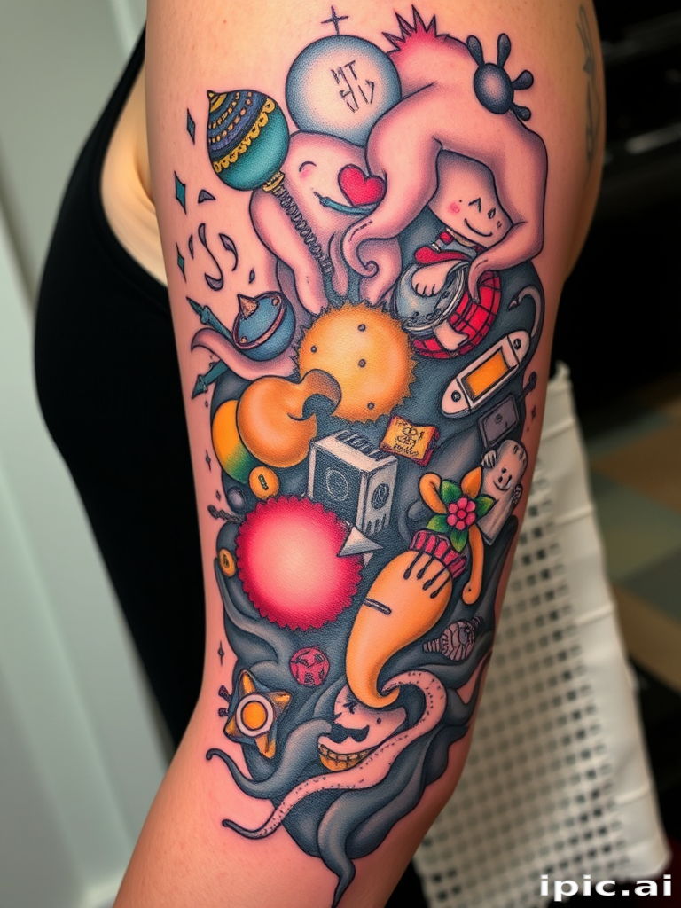 Surrealist tattoo named "Dreamscape Metamorphosis" depicting objects and figures morphing into one another in a flowing, dreamlike composition with a mix of color and black ink