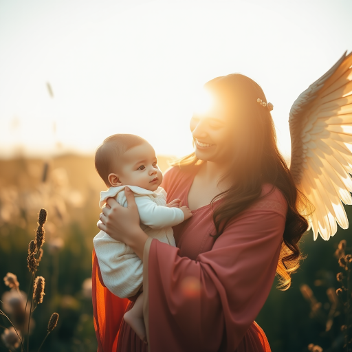 A majestic angelic scene featuring a serene mother holding her child, surrounded by ethereal light and nature, captured with a Canon EOS R5, 85mm lens, f/1.8 aperture, soft focus, golden hour lighting, high dynamic range, shallow depth of field.