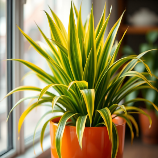 A vibrant potted plant with long green leaves and yellow edges in a bright orange pot, taken with a DSLR camera set to f/2.8, ISO 100, 50mm lens, 1/200 sec shutter speed, in a well-lit indoor setting with a soft focus background.