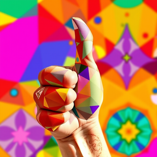 Create a vibrant abstract representation of a thumbs-up gesture, incorporating a multitude of colorful shapes and patterns, shot with a DSLR camera at f/2.8 aperture, ISO 100, 50mm lens, in natural daylight, from a slightly elevated angle to enhance depth and detail.
