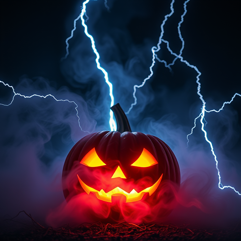 Create a glowing jack-o'-lantern surrounded by swirling mist and lightning bolts in a dark setting, shot with a 50mm lens at f/1.8, ISO 100, 1/60 sec, using a full-frame DSLR camera for high detail and vivid colors.