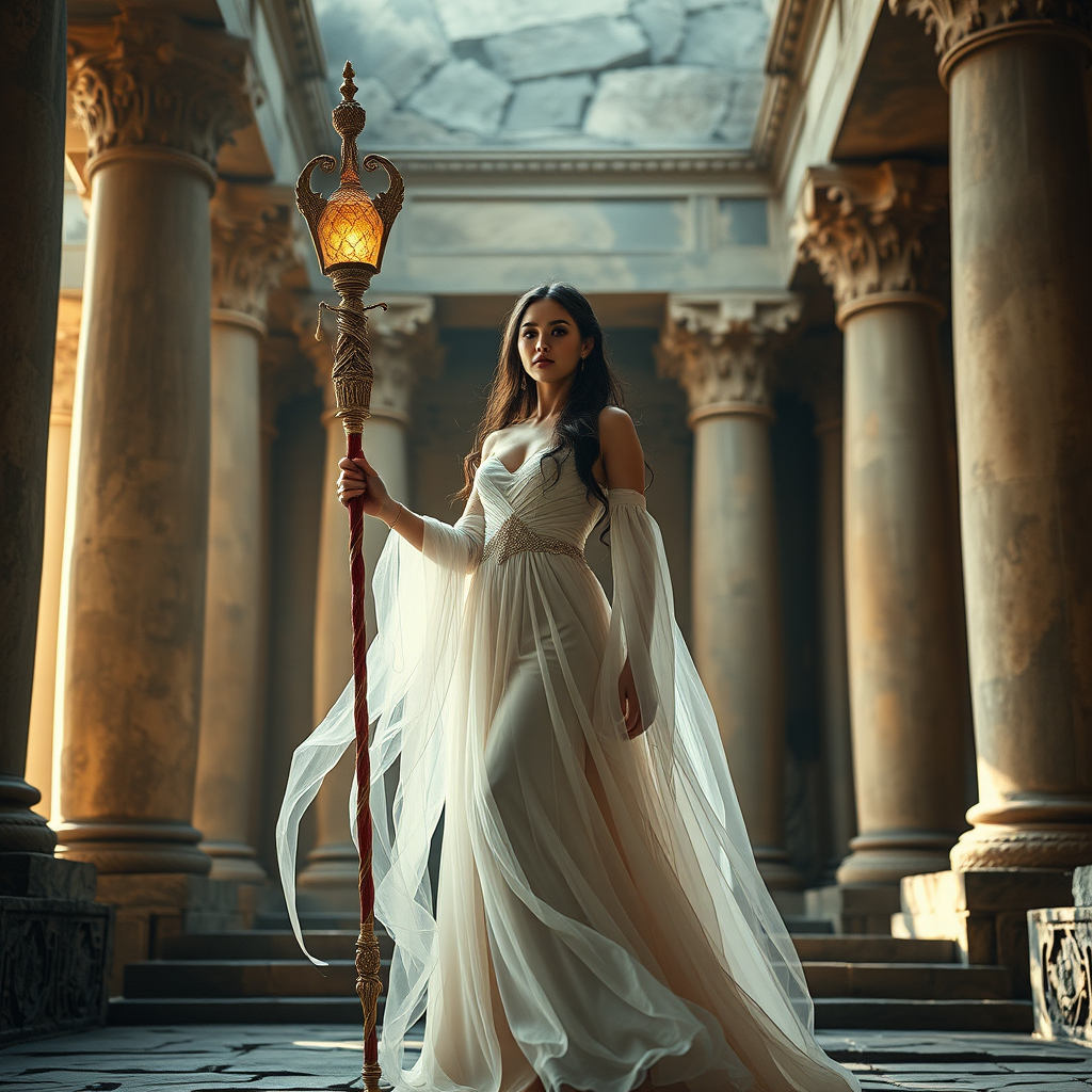 Regenerate the image of a mystical woman in an elegant, flowing gown holding a magical staff in an ancient temple setting with soft, ethereal lighting, using a Canon EOS R5 with a 50mm f/1.2 lens, aperture at f/1.2, ISO 100, shutter speed 1/200s, shot from a low angle to emphasize the grandeur of the scene.