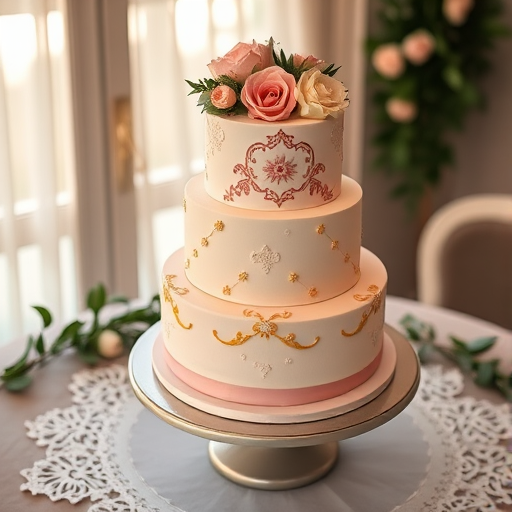 A beautifully decorated layered cake on an elegant display stand. The cake has three tiers, each covered in smooth, pastel-colored frosting, with delicate floral patterns and edible gold accents. The top tier is adorned with fresh flowers like roses and peonies, adding a touch of elegance. The setting is a vintage-style table with lace and greenery, creating a luxurious yet cozy atmosphere. Soft, warm lighting enhances the cake's details, giving it a dreamy and enchanting look, perfect for a special celebration or wedding.
