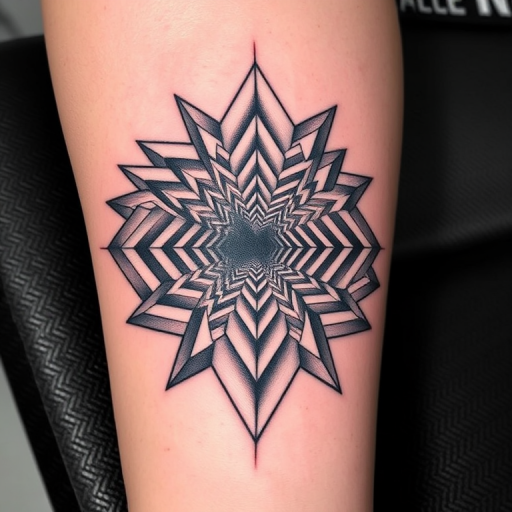 Mesmerizing optical illusion tattoo called "Dimensional Shift" that plays with perspective and visual perception. Intricate geometric patterns and shading techniques create the illusion of depth, movement, and three-dimensionality on the flat surface of the skin. Black and grey ink is used exclusively, enhancing the graphic impact of the mind-bending design.
