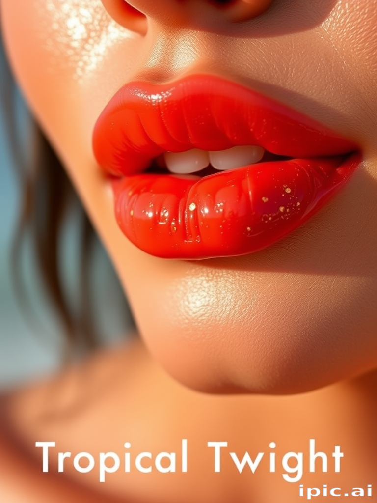 Vibrant coral sunset lips with shimmering gold flecks, called "Tropical Twilight," featuring a glossy finish and subtle ombré effect, perfect for beach-inspired makeup looks