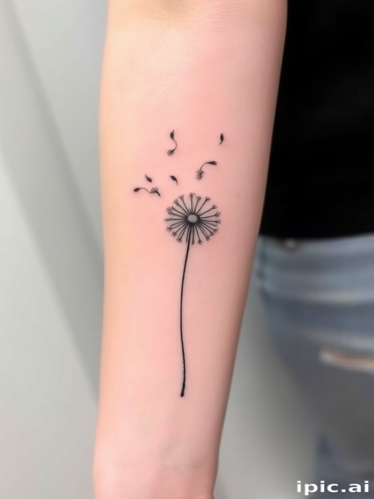 Minimalist fine line tattoo called "Whispered Memories" depicting a delicate silhouette of a dandelion with seeds floating away in the wind, rendered in ultra-thin black lines for a subtle and elegant effect
