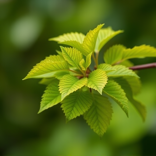 Close-up of vibrant green leaves on a branch against a blurred green background, shallow depth of field, f/2.8 aperture, 50mm lens, natural light, DSLR camera.